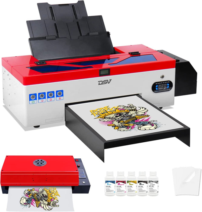 Impresora de transferencia DSV DTF A3 L1800 con sistema de circulación de tinta blanca integrado para camisetas oscuras/claras, sudaderas, almohadas y diferentes tejidos (impresora DTF + horno + 5 tintas de 250 ml + 100 películas PET)