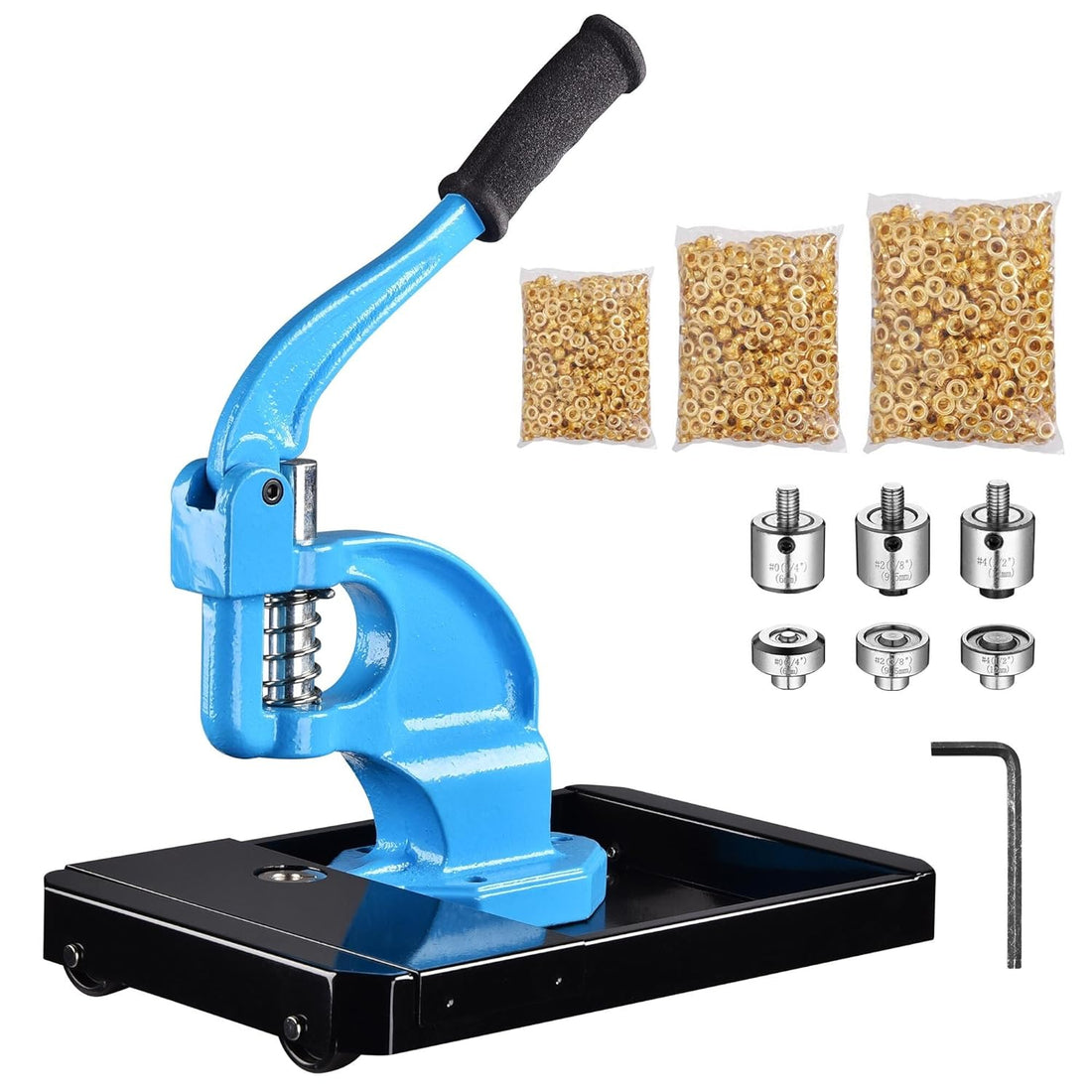 Grommet Tool Kit, Hand Press Grommet Machine (6/10/12mm), 900 Set of Eyelets and Washers 3-die with Rolling Base for Fabric Tarps Banners Prints