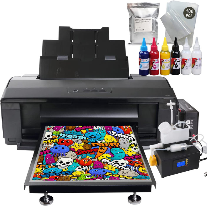 Impresora DTF L1800 para camisetas A3+ con ciclo de tinta blanca temporizado para telas, cuero, juguetes, trajes de baño, artesanías, almohadas y otros textiles. (Impresora DTF + 6 tintas de 100 ml + 100 películas PET + 1 bolsa de polvo) - Negra