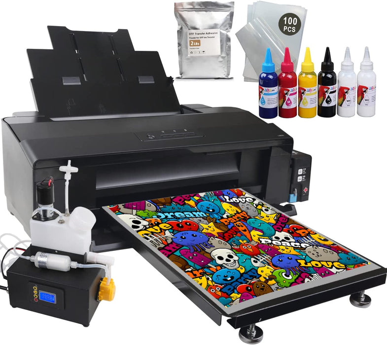 Impresora DTF L1800 para camisetas A3+ con ciclo de tinta blanca temporizado para telas, cuero, juguetes, trajes de baño, artesanías, almohadas y otros textiles. (Impresora DTF + 6 tintas de 100 ml + 100 películas PET + 1 bolsa de polvo) - Negra