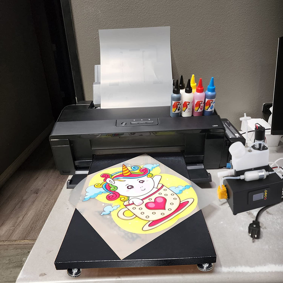 AOK Printer A3+ White Ink Circulation System Width 13inch DTF Printer Machine Direct Transfer Film L1800 Converted for DIY Print T-Shirts/Hoodie/BGS/Pillow etc. (6X 100ml Ink+100pcs Film+Powder)