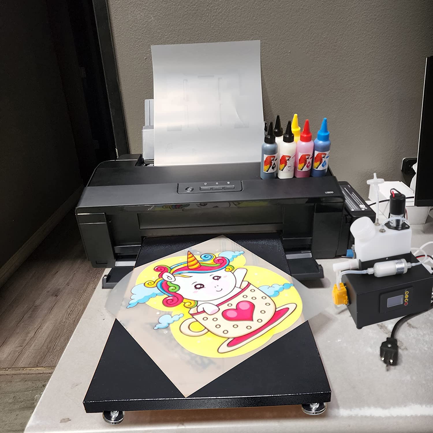 AOK Printer A3+ White Ink Circulation System Width 13inch DTF Printer Machine Direct Transfer Film L1800 Converted for DIY Print T-Shirts/Hoodie/BGS/Pillow etc. (6X 100ml Ink+100pcs Film+Powder)