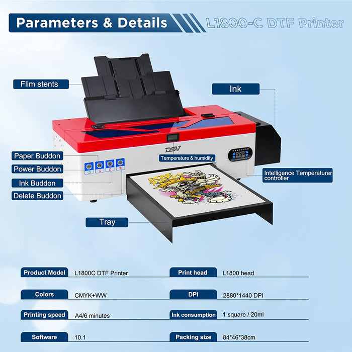 Impresora de transferencia DSV DTF A3 L1800 con sistema de circulación de tinta blanca integrado para impresión DIY en telas oscuras y claras (impresora DTF + horno) 