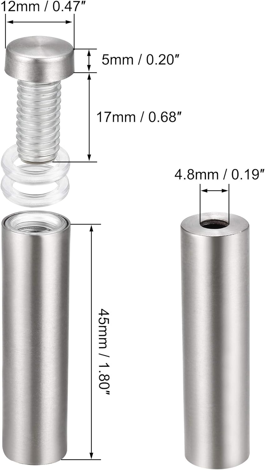 Wall Mount Acrylic Sign Standoff Screws Holders Glass Nails - 8pcs (12x53mm)