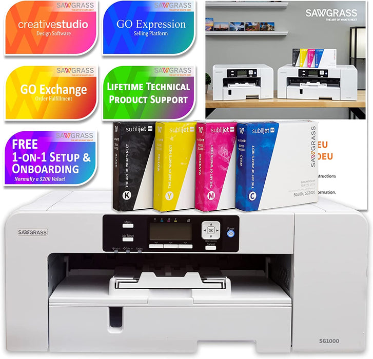 Impresora de sublimación Sawgrass UHD Virtuoso SG1000 (paquete básico) con tintas, papel de sublimación, cinta, plantillas, diseños y acceso a contenido exclusivo, color blanco, 11'' x 17''