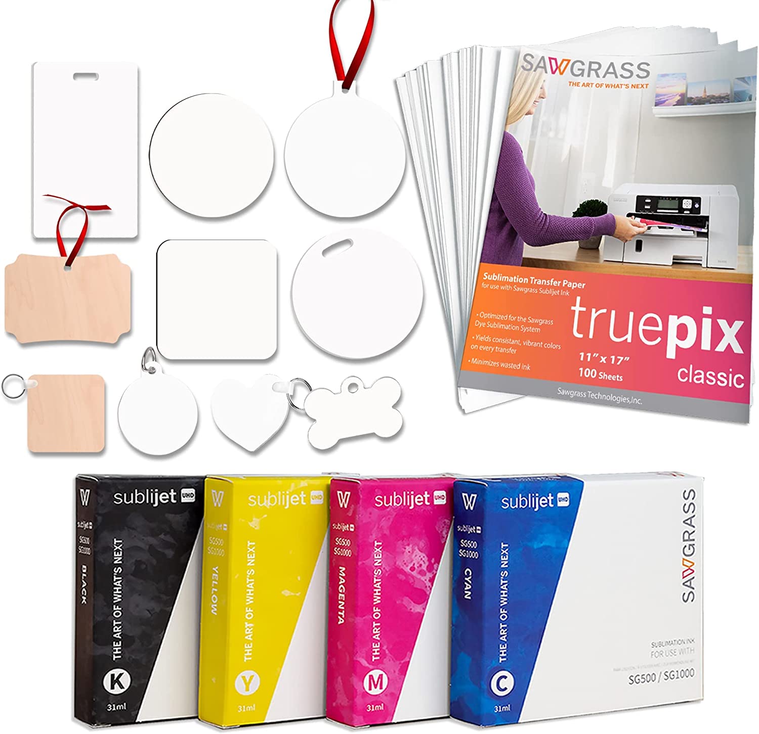 Impresora de sublimación Sawgrass UHD Virtuoso SG1000 (paquete básico) con tintas, papel de sublimación, cinta, plantillas, diseños y acceso a contenido exclusivo, color blanco, 11&