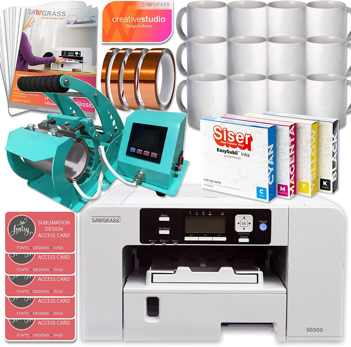 Impresora de sublimación Sawgrass UHD Virtuoso SG500 (paquete de inicio) con tintas Easysubli, prensa de calor para tazas, papel de sublimación, cinta, plantillas, diseños y contenido exclusivo.