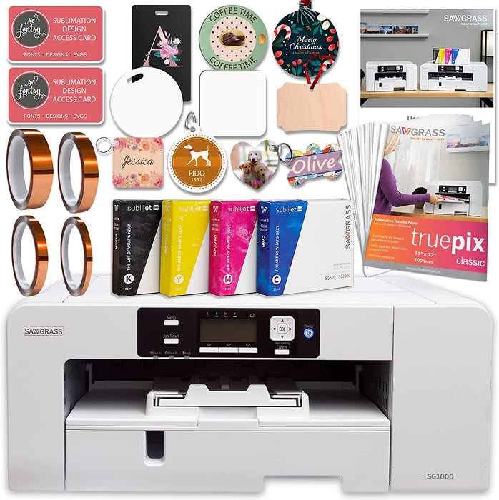Impresora de sublimación Sawgrass UHD Virtuoso SG1000 (paquete básico) con tintas, papel de sublimación, cinta, plantillas, diseños y acceso a contenido exclusivo, color blanco, 11'' x 17''