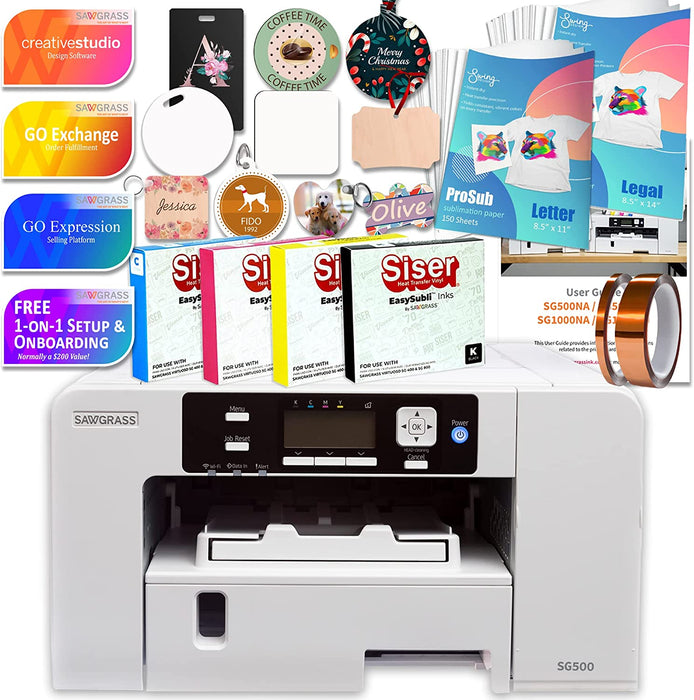 Impresora de sublimación Sawgrass UHD SG500, paquete básico con tintas Easysubli, 300 hojas de papel de sublimación, cinta adhesiva y plantillas, color blanco (SG500-PRNT-BUNDLE-5)