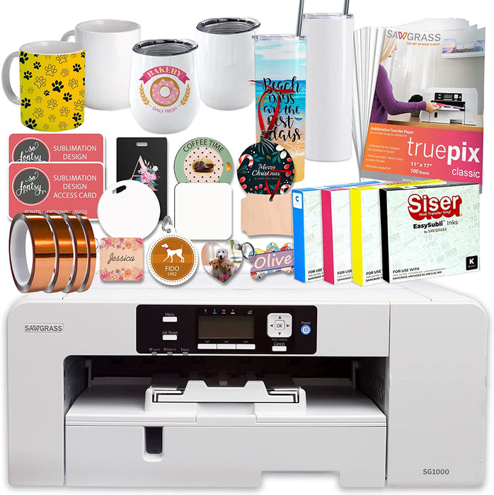 Impresora de sublimación Sawgrass UHD Virtuoso SG1000 (paquete de inicio) con tintas Easysubli, papel de sublimación, cinta, surtido de materiales en blanco, diseños y acceso a contenido exclusivo.