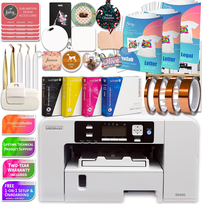 Impresora de sublimación Sawgrass UHD Virtuoso SG500 con tintas, 450 hojas de papel de sublimación, cinta adhesiva, herramientas, plantillas y un megapaquete de diseño.