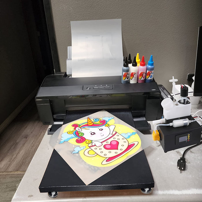 Impresora DTF L1800 para camisetas A3+ con ciclo de tinta blanca temporizado para telas, cuero, juguetes, trajes de baño, artesanías, almohadas y otros textiles. (Impresora DTF + 6 tintas de 100 ml + 100 películas PET + 1 bolsa de polvo) - Negra