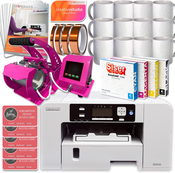 Impresora de sublimación Sawgrass UHD Virtuoso SG500 (paquete de inicio) con tintas Easysubli, prensa de calor para taza rosa, papel de sublimación, cinta, plantillas, diseños y contenido exclusivo.