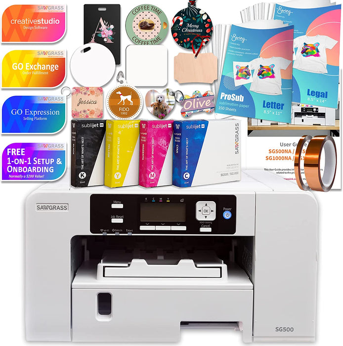 Impresora de sublimación Sawgrass UHD Virtuoso SG500 (paquete básico) con tintas, 300 hojas de papel de sublimación, cinta adhesiva y materiales en blanco.