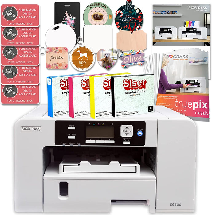 Impresora de sublimación Sawgrass UHD SG500, paquete básico con tintas Easysubli, papel de sublimación, juego de plantillas, diseños y contenido exclusivo.