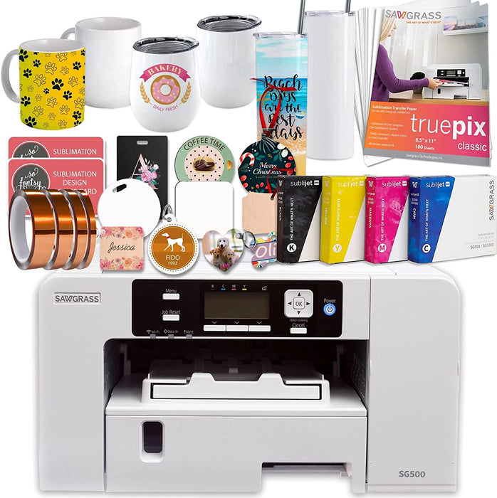 Impresora de sublimación Sawgrass UHD Virtuoso SG500, paquete básico con tintas, papel, cinta, surtido de materiales en blanco, diseños y acceso a contenido exclusivo, color blanco, 8,5" x 11" (SG500-PRNT-BUNDLE-HD-4)