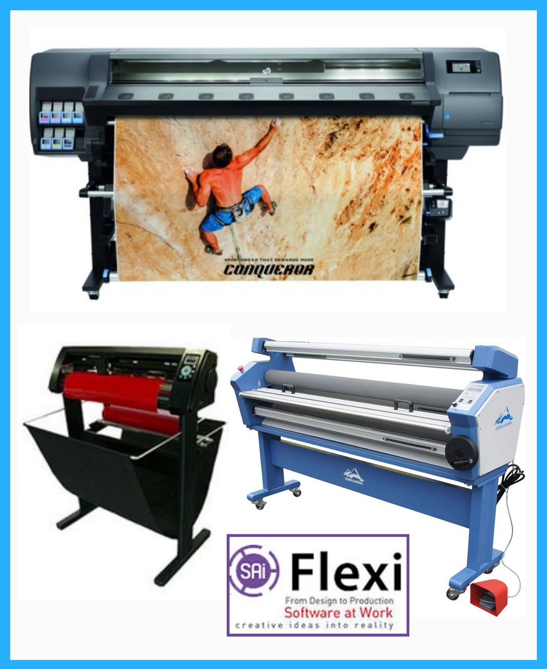 COMPLETE SOLUTION - HP Latex 335 64&quot; Printer - Refurbished (90 Days, 1, 2, 3 or 4 Years Warranty) + 55&quot; Full-Auto Low Temp. Cold Laminator, With Heat Assisted + 53&quot; 3 ARMS Contour Cut Vinyl Cutter w/ VinylMaster Cut Software + Flexi RIP Software