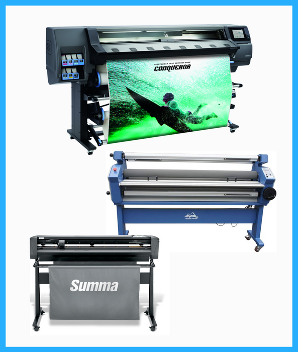COMPLETE SOLUTION - HP Latex 365 64" Printer - Refurbished (90 Days, 1, 2, 3 or 4 Years Warranty) + Summa S Class 3 D160 62" Vinyl Cutter - New + Upgraded Ving 63" Full-auto Low Temp. Wide Format Cold Laminator, with Heat Assisted