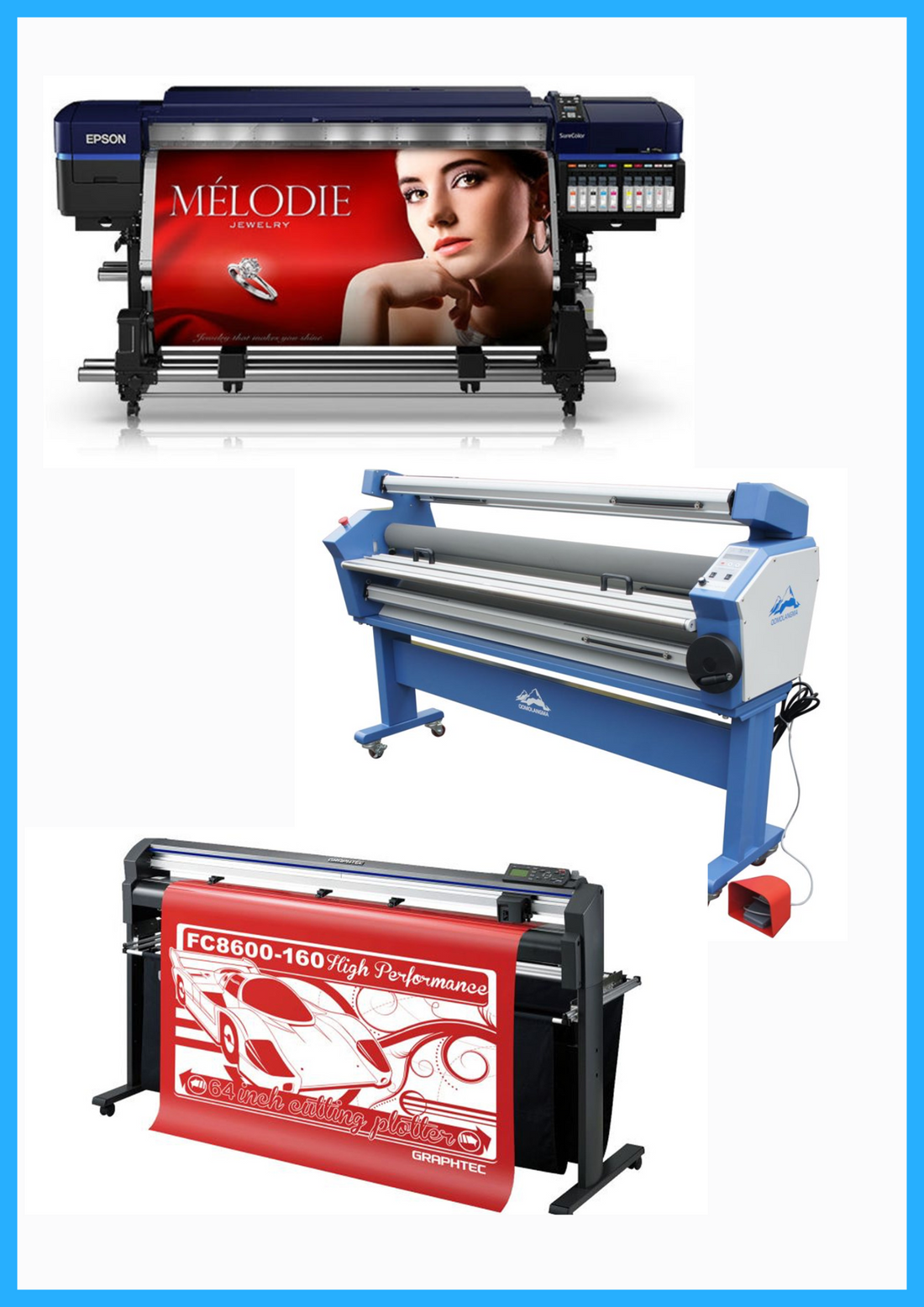 COMPLETE SOLUTION - Epson Surecolor S80600 Production Edition 64&quot; Solvent Printer (Refurbished) + 64&quot; Graphtec FC8600-160 Vinyl Cutting Plotter (Refurbished) + 55&quot; Full-Auto Wide Format Cold Laminator with Heat Assisted (New)