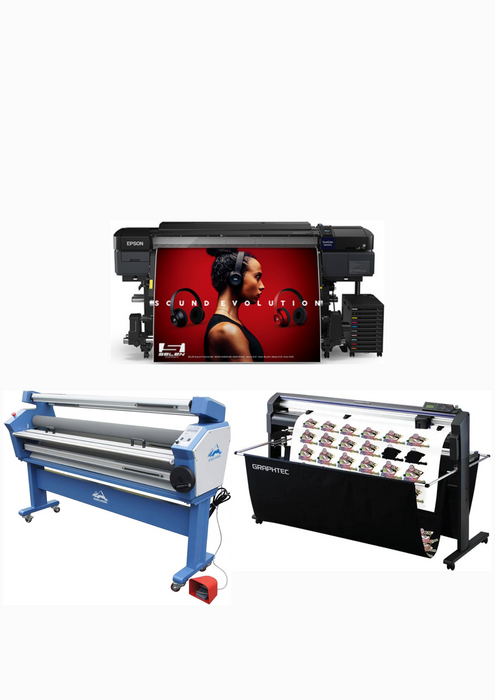 SOLUCIÓN COMPLETA - Impresora solvente Epson SureColor S80600L de 64" + Plotter de corte de vinilo Graphtec FC8000-160 de 64" - Reacondicionado + Laminadora en frío de formato ancho totalmente automática de 63", con asistencia térmica