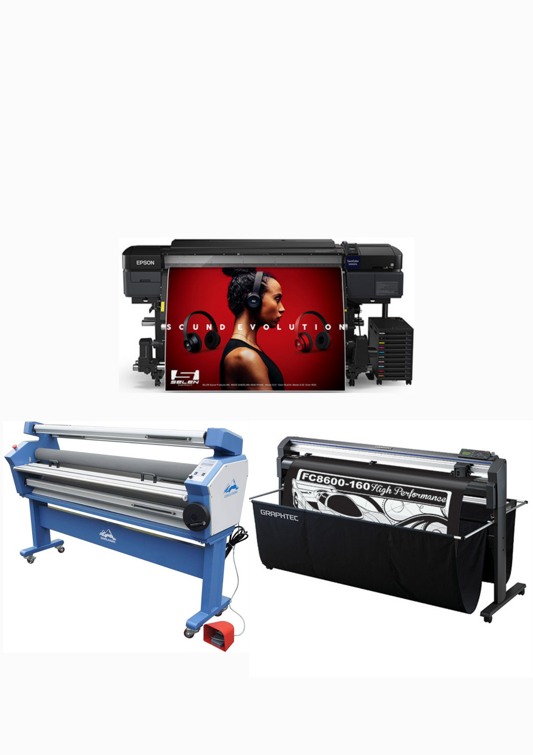 SOLUCIÓN COMPLETA - Impresora solvente Epson SureColor S80600L de 64&quot; + Plotter de corte de vinilo Graphtec FC8600-160 de 64&quot; - Reacondicionado + Laminadora en frío de formato ancho totalmente automática de 63&quot;, con asistencia térmica