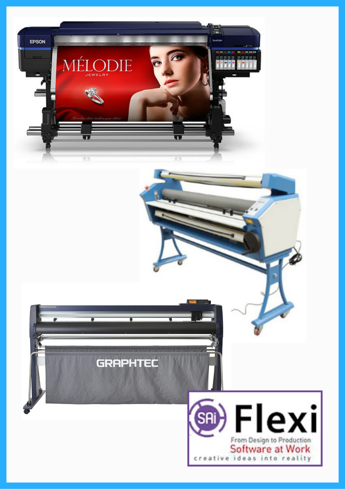 COMPLETE SOLUTION - Epson Surecolor S80600 Production Edition 64&quot; Solvent Printer (Refurbished) + 64&quot; Graphtec FC9000-160 Wide Cutter (New) + 55&quot; Full-Auto Wide Format Cold Laminator with Heat Assisted (New) + Flexi RIP Software