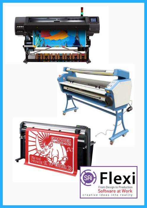 COMPLETE SOLUTION - HP Latex 570 64" Printer - Refurbished (90 Days, 1, 2, 3 or 4 Y/Warranty) + 64" Graphtec FC8000-160 Vinyl Cutting Plotter (Refurbished) + 63" Full-auto Low Temp. Wide Format Cold Laminator (New) + Flexi RIP Software