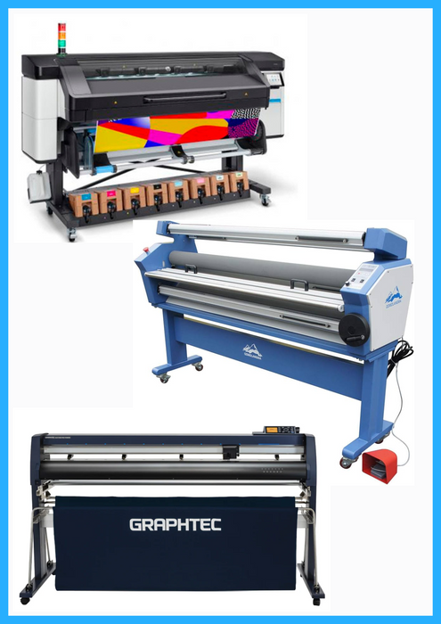 SOLUCIÓN COMPLETA - Impresora HP Latex 800 de 64" de formato ancho - Reacondicionada (1 año de garantía) + Cortadora Graphtec FC9000-160 de 64" de formato ancho - Nueva + Laminadora en frío automática de 55" de formato ancho con asistencia térmica - Nueva