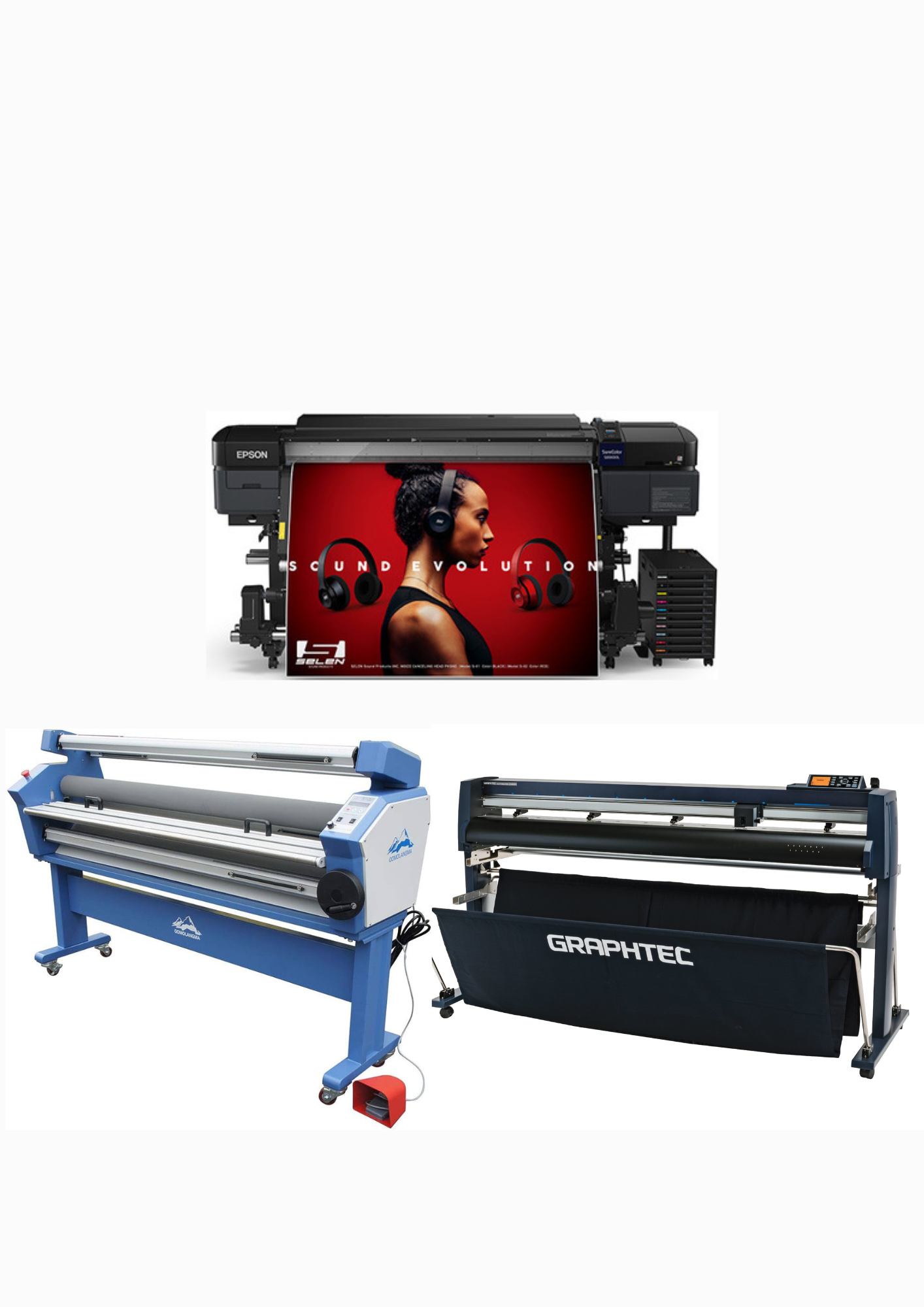 SOLUCIÓN COMPLETA - Impresora solvente Epson SureColor S80600L de 64" + Cortadora ancha Graphtec FC9000-160 de 64" - Reacondicionada + Laminadora en frío de formato ancho totalmente automática de 63", con asistencia térmica
