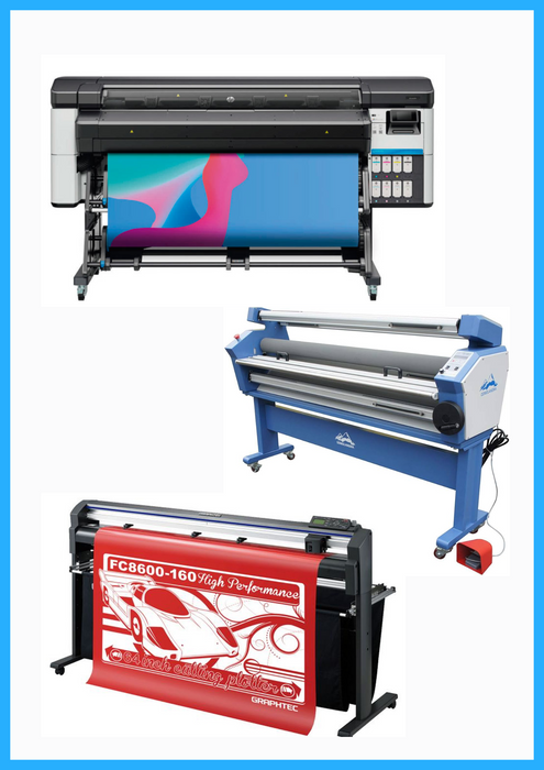 SOLUCIÓN COMPLETA - Impresora HP Latex 630 de 64" - Nueva + Plotter de corte de vinilo Graphtec FC8600-160 de 64" - Reacondicionado (1 año de garantía) + Laminadora en frío de formato ancho de baja temperatura totalmente automática de 63" - Nueva 