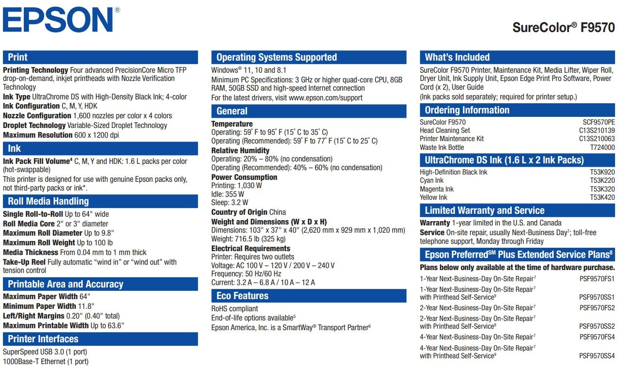 Impresora de sublimación de tinta Epson SureColor F9570 Production Edition de 64&quot; - Nueva