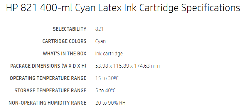 Cartucho de tinta cian Latex HP 821 de 400 ml para impresoras Latex 110 y 115 - G0Y86A