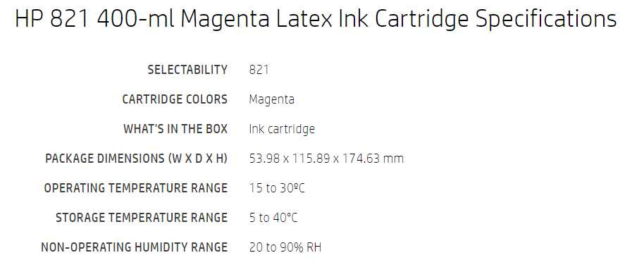 Cartucho de tinta Latex HP 821 magenta de 400 ml para impresoras Latex 110 y 115 - G0Y87A