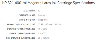 Cartucho de tinta Latex HP 821 magenta de 400 ml para impresoras Latex 110 y 115 - G0Y87A