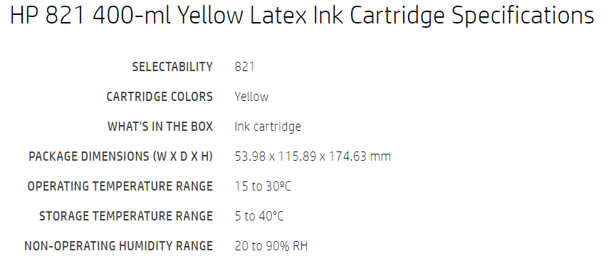 Cartucho de tinta amarilla HP 821 de 400 ml para impresoras Latex 110 y 115 - G0Y88A