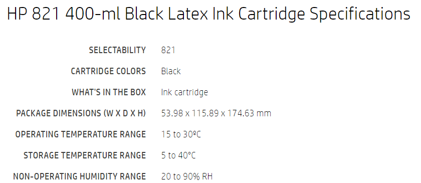 Cartucho de tinta Latex HP 821 de 400 ml, color negro, para impresoras Latex 110 y 115 - G0Y89A