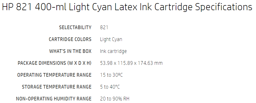 Cartucho de tinta Latex HP 821 cian claro de 400 ml para impresoras Latex 110 y 115 - G0Y90A