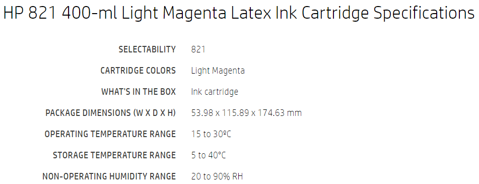 Cartucho de tinta HP 821 Latex magenta claro de 400 ml para impresoras Latex 110 y 115 - G0Y91A