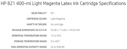 Cartucho de tinta HP 821 Latex magenta claro de 400 ml para impresoras Latex 110 y 115 - G0Y91A