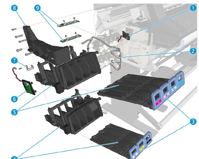 Soporte de eje de escaneo izquierdo para HP Latex 210, 260, 280, 110, 115, 310, 315, 330, 335, 360, 365, 370, 375 (CQ869-67009) - Reacondicionado