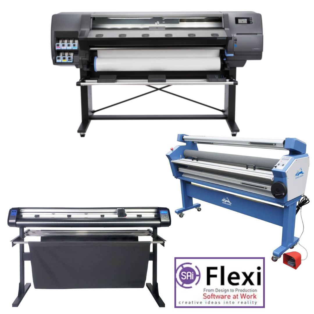 ON SALE - COMPLETE SOLUTION - HP Latex 110 54" Printer - Refurbished (90 Days Warranty) + 53" Vinyl Cutter Machine with ARMS Contour Cutting (MH200) - New + 55" Full-Auto Wide Format Cold Laminator with Heat Assisted+ Flexi RIP Software