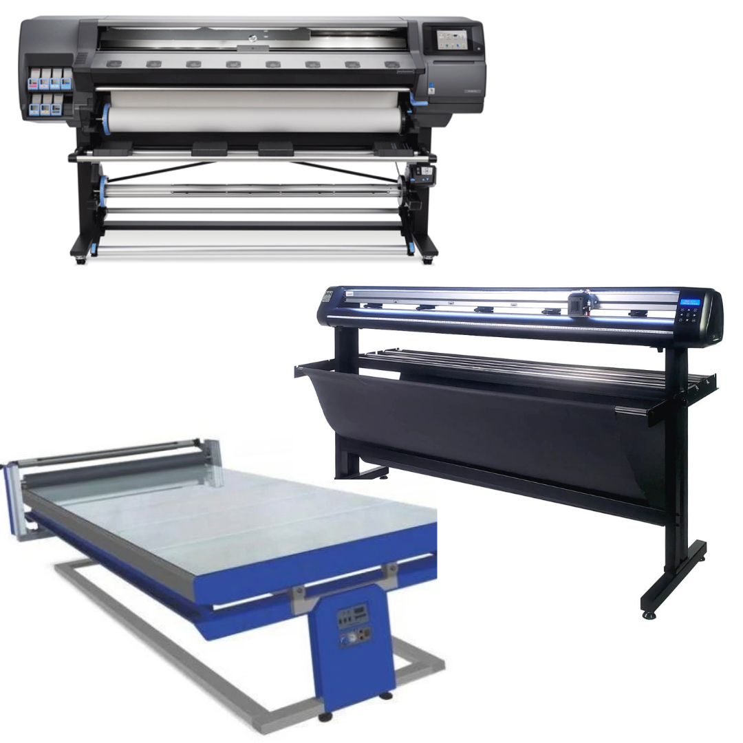 COMPLETE SOLUTION - HP Latex 365 64" Printer - Refurbished (1 Y-Warranty) + 65" Vinyl Cutter w/ARMS Contour Cutting, Barcode Workflow, and Vacuum Hold-Down - MH400 + 67in x 126in Flatbed Hot and Cold Laminator for Rigid &amp; Flex Media - New