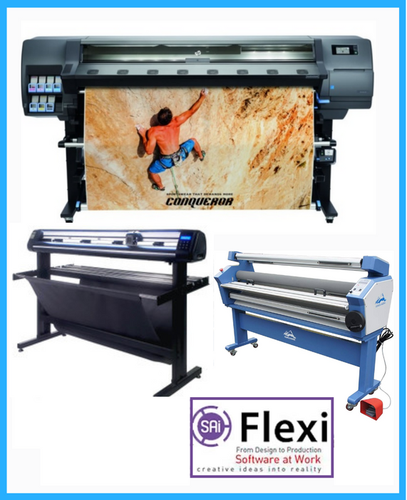 ON SALE - COMPLETE SOLUTION - HP Latex 335 64" Printer - Refurbished (90 Days, 1, 2, 3 or 4 Y/Warranty) + 55" Cold Laminator, With Heat Assisted + 53" Vinyl Cutter with ARMS Contour Cutting & Barcode (MH300) - New + Flexi RIP Software