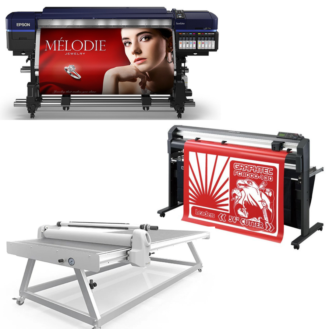COMPLETE SOLUTION - Epson Surecolor S80600 Production Edition 64" Printer (1 Y/Warranty) + 54" Graphtec FC8000-130 Vinyl Cutting Plotter (1 Y/Warranty) + 51" x 98" Flatbed Lamination Table - New