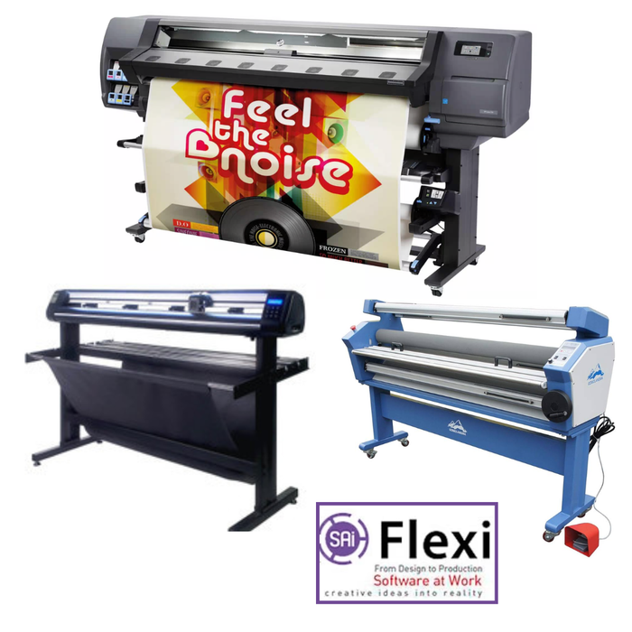 ON SALE - COMPLETE SOLUTION - HP Latex 330 Printer - Refurbished (90 Days, 1, 2, 3 or 4 Years Warranty) + 55" Cold Laminator, With Heat Assisted + 53" Vinyl Cutter with ARMS Contour Cutting & Barcode (MH300) + Flexi RIP Software