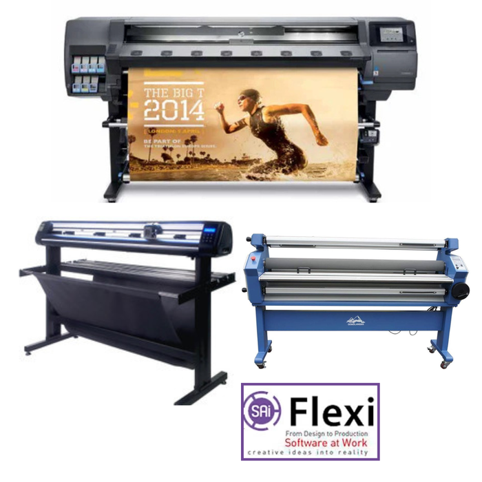 ON SALE - COMPLETE SOLUTION - HP Latex 360 - Refurbished (90 Days, 1, 2, 3 or 4 Years Warranty) + 63" Full-auto Cold Laminator, with Heat Assisted - New + 53" Vinyl Cutter with ARMS Contour Cutting & Barcode (MH300) - New + Flexi RIP Software