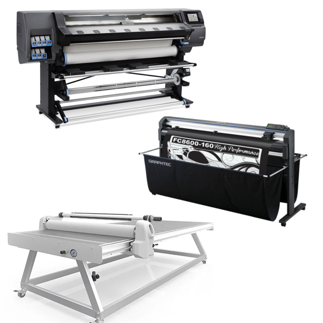 COMPLETE SOLUTION - HP Latex 365 Printer - Refurbished (1 Year Warranty) + 64" Graphtec FC8000-160 Vinyl Cutting Plotter - Refurbished (1 Year Warranty) + 51" x 98" Flatbed Lamination Table for All Prints