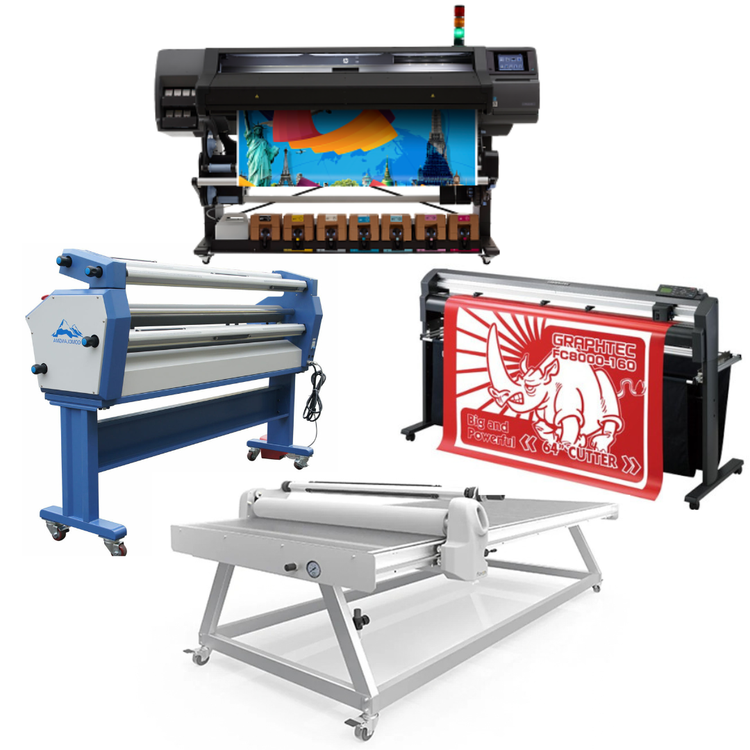 COMPLETE SOLUTION - HP Latex 570 64" Printer - Refurbished (1 Y/Warranty) + 64" Graphtec FC8000-160 Vinyl Cutting Plotter - Refurbished (1 Y/Warranty) + 63" Wide Format Cold Laminator + 51" x 98" Flatbed Lamination Table