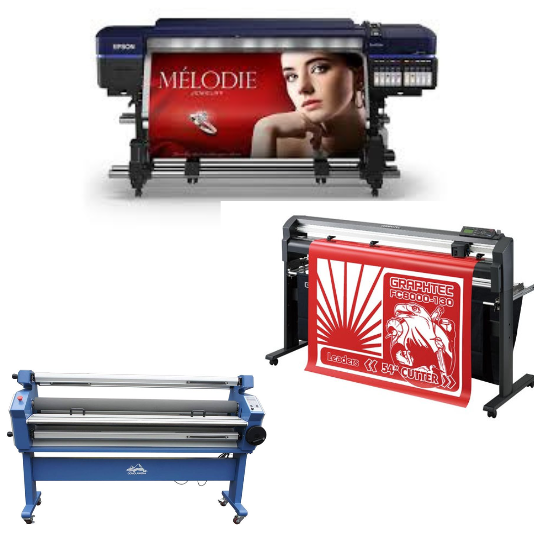 SOLUCIÓN COMPLETA: Impresora solvente Epson Surecolor S80600 Production Edition de 64" (reacondicionada) + Plotter de corte de vinilo Graphtec FC8000-160 de 64" (reacondicionado) + Laminadora en frío Ving de formato ancho de 63" mejorada (nueva)