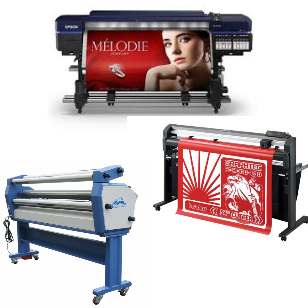 SOLUCIÓN COMPLETA: Impresora solvente Epson Surecolor S80600 Production Edition de 64" (reacondicionada) + Plotter de corte de vinilo Graphtec FC8000-160 de 64" (reacondicionado) + Laminadora en frío Ving de formato ancho de 63" mejorada (nueva)